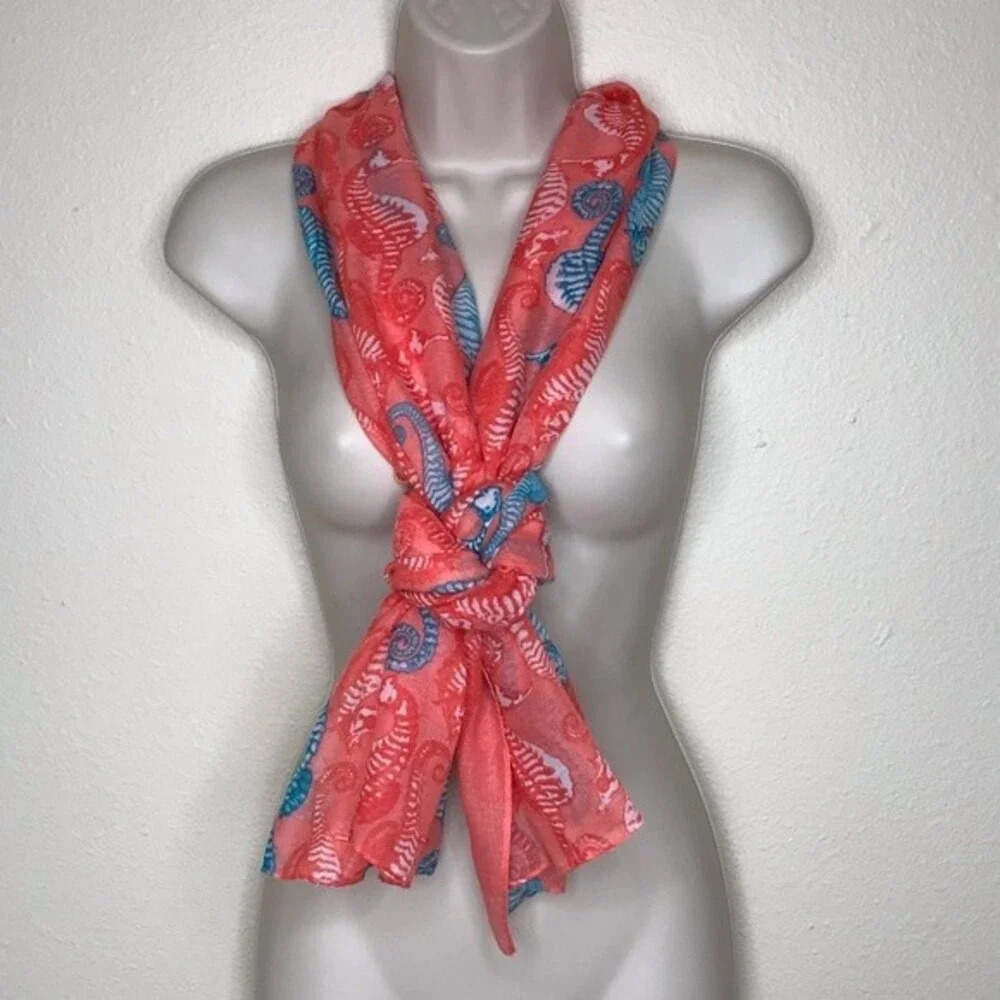 Seahorse Graphic Coral Aqua Teal Long Rectangle Scarf 22 X 71 Lightweight